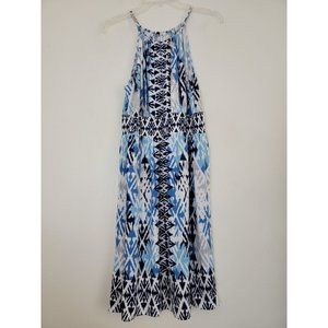 London Times Blue, Black ,Gray & White Geometric Print Halter Dress M